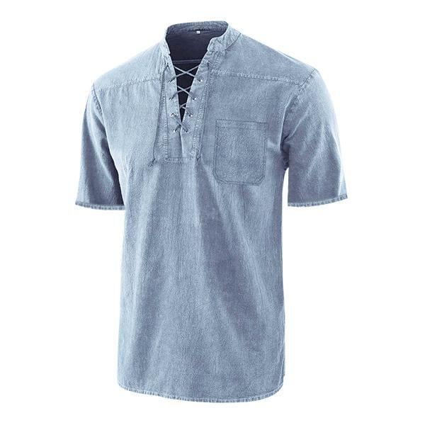 Men Gothic Retro T Shirt Lace-up V-neck Pocket Short Sleeve Tee Shirt Loose Tops