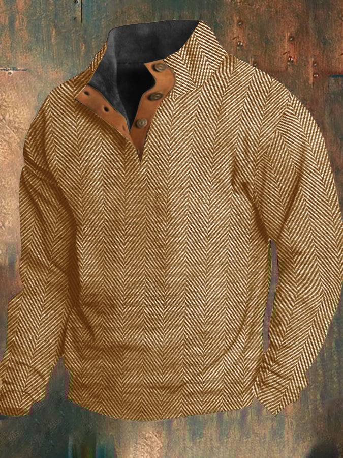 Men's Western vintage style button down sweatshirt with herringbone pattern and stand-up collar