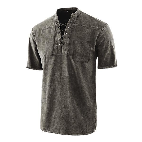 Men Gothic Retro T Shirt Lace-up V-neck Pocket Short Sleeve Tee Shirt Loose Tops