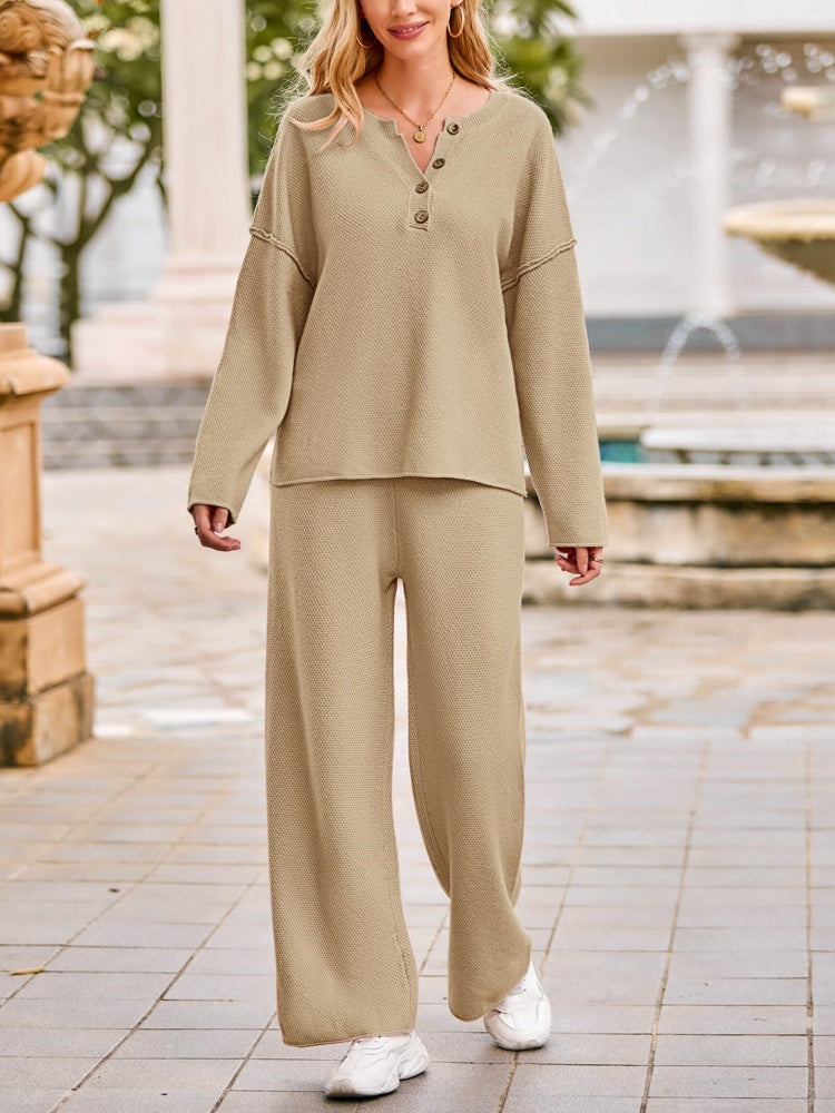 Women's Long Sleeve Button Knit Pullover Sweater and Pants Lounge 2 Piece Outfit Sets