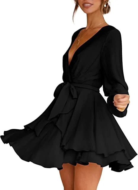 š„V-Neck Waist Tie Ruffle Mini Swing Skater Dressesā¤ļø