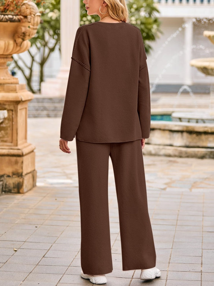 Women's Long Sleeve Button Knit Pullover Sweater and Pants Lounge 2 Piece Outfit Sets