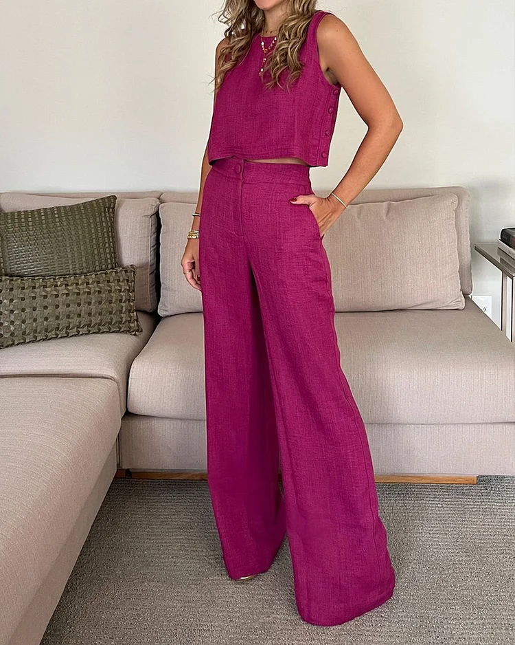 Casual Linen Elegant Solid Color Two-piece Set