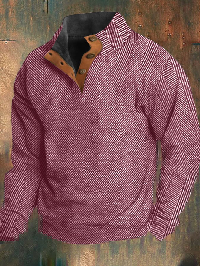 Men's Western vintage style button down sweatshirt with herringbone pattern and stand-up collar