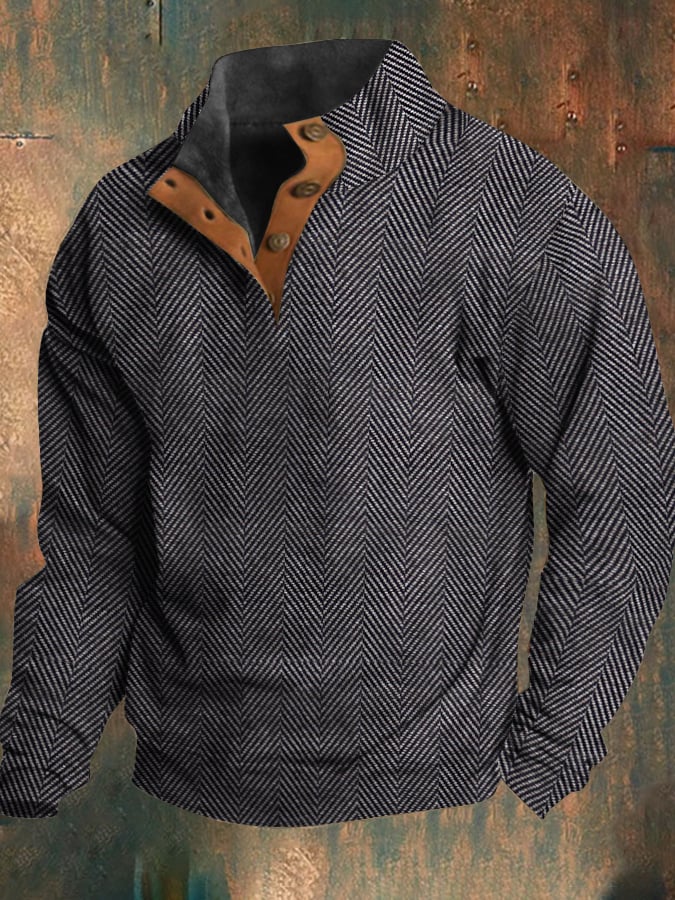 Men's Western vintage style button down sweatshirt with herringbone pattern and stand-up collar