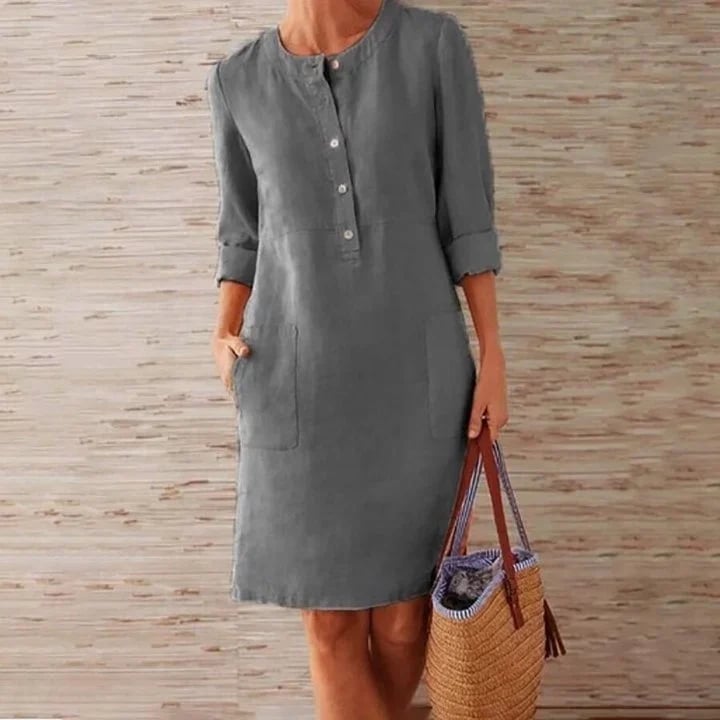Pure Color Casual Cotton And Linen Round Neck Dress