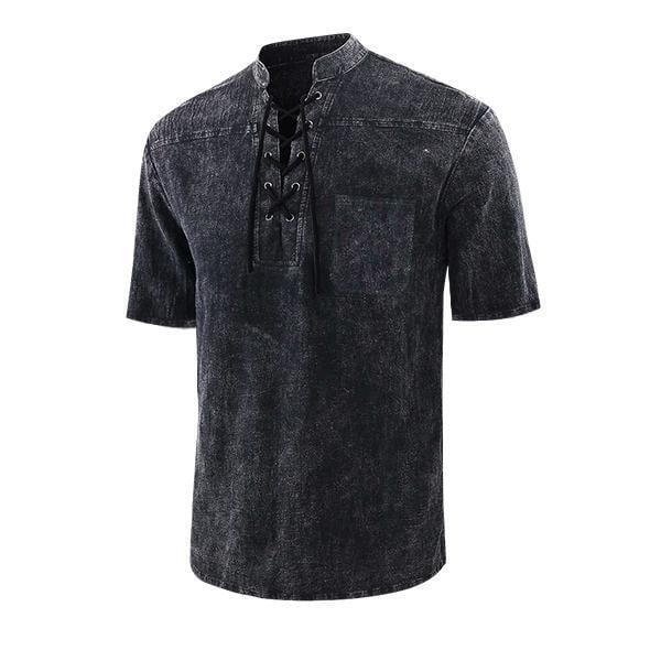 Men Gothic Retro T Shirt Lace-up V-neck Pocket Short Sleeve Tee Shirt Loose Tops
