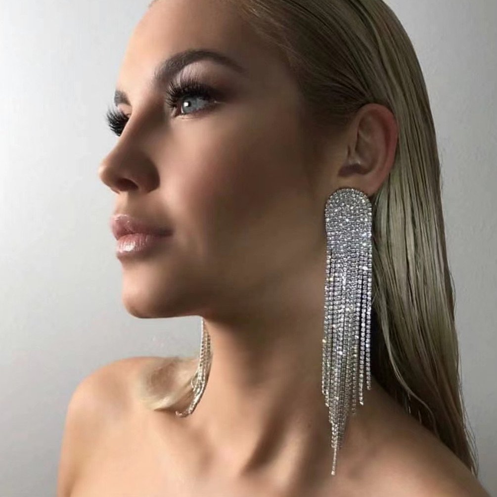Super Sparkling Rhinestone Long Fringe Earrings