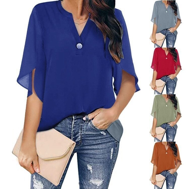 Casual solid colour V-neck chiffon shirt