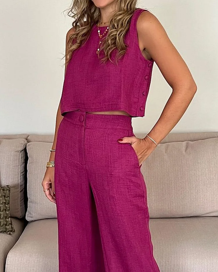 Casual Linen Elegant Solid Color Two-piece Set