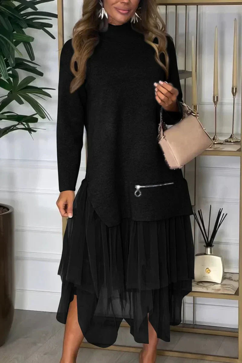 🔥Women's Casual Solid Color Mesh Patchwork Dress