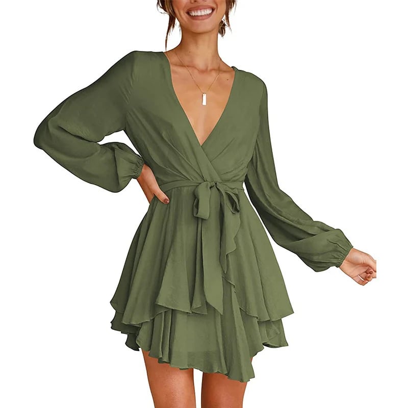 š„V-Neck Waist Tie Ruffle Mini Swing Skater Dressesā¤ļø