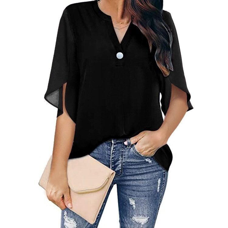 Casual solid colour V-neck chiffon shirt