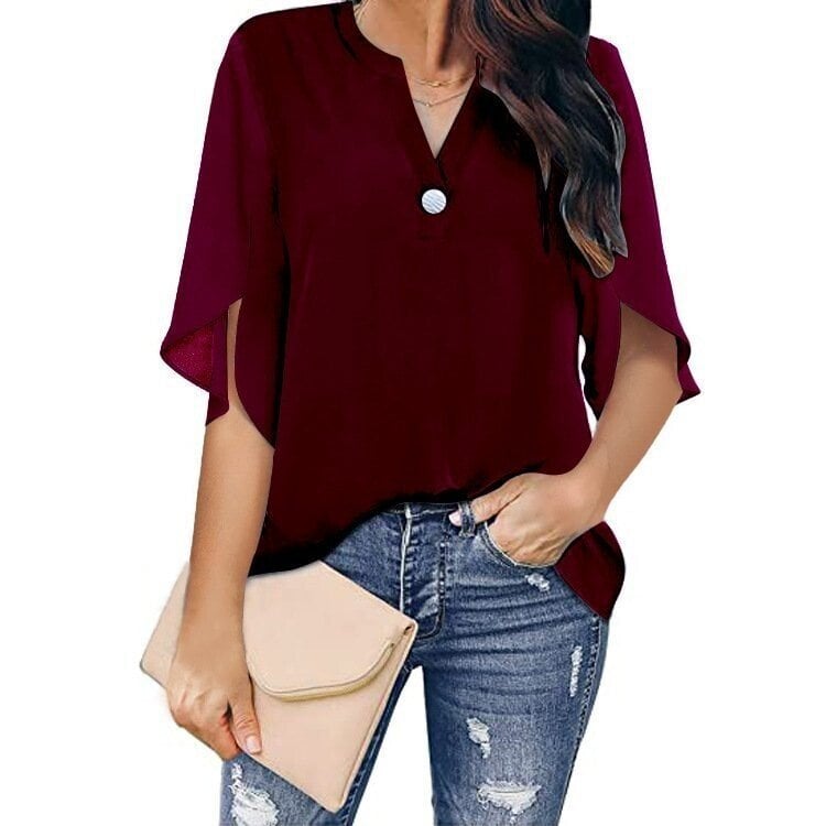 Casual solid colour V-neck chiffon shirt