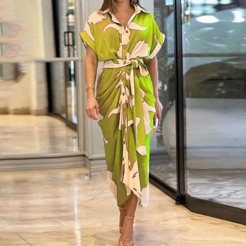🌸Casual Lapel Neck Waist Print Shirt Dress