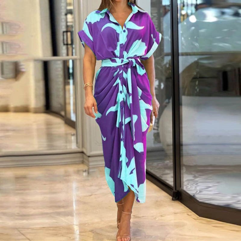 🌸Casual Lapel Neck Waist Print Shirt Dress