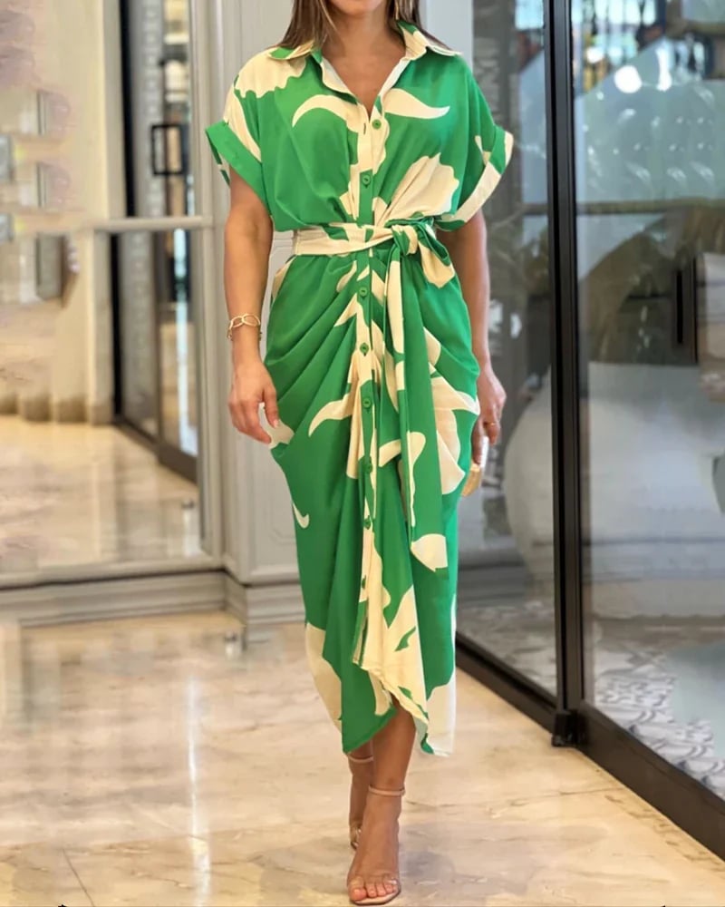 🌸Casual Lapel Neck Waist Print Shirt Dress