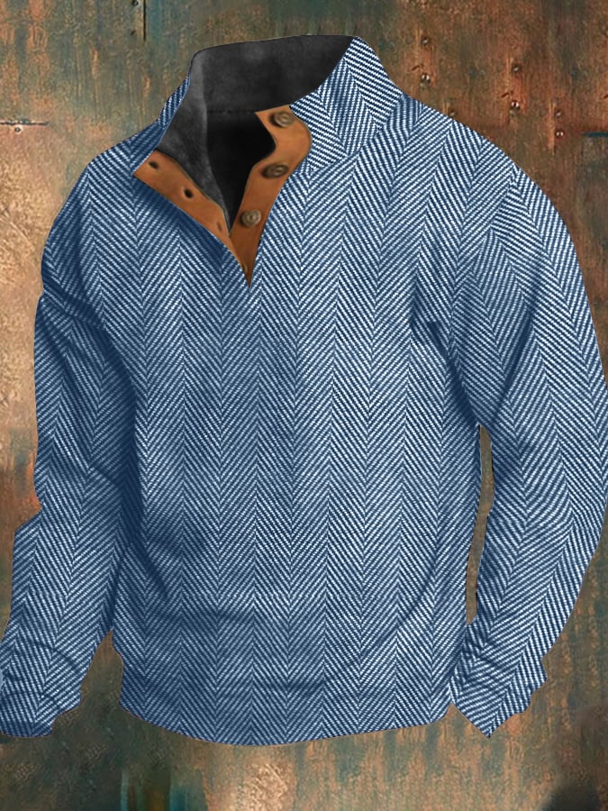 Men's Western vintage style button down sweatshirt with herringbone pattern and stand-up collar
