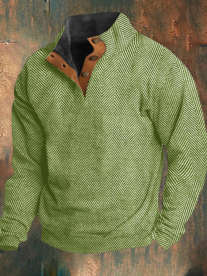 Men's Western vintage style button down sweatshirt with herringbone pattern and stand-up collar