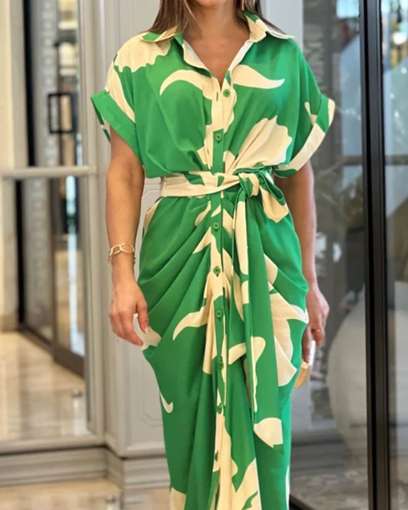 🌸Casual Lapel Neck Waist Print Shirt Dress