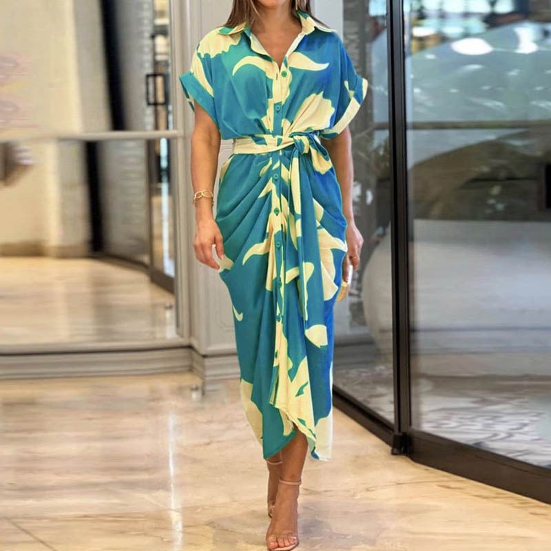 🌸Casual Lapel Neck Waist Print Shirt Dress
