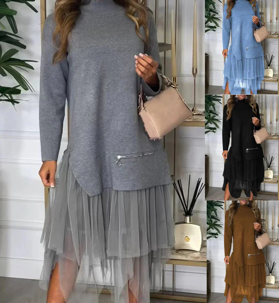 🔥Women's Casual Solid Color Mesh Patchwork Dress