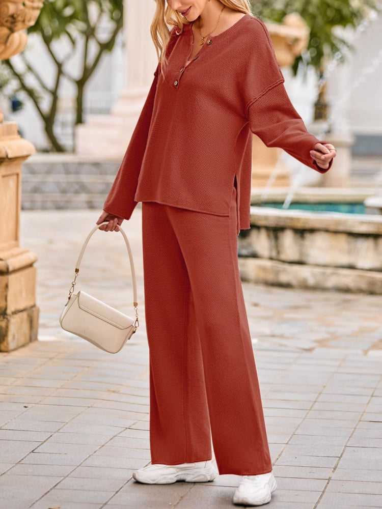 Women's Long Sleeve Button Knit Pullover Sweater and Pants Lounge 2 Piece Outfit Sets