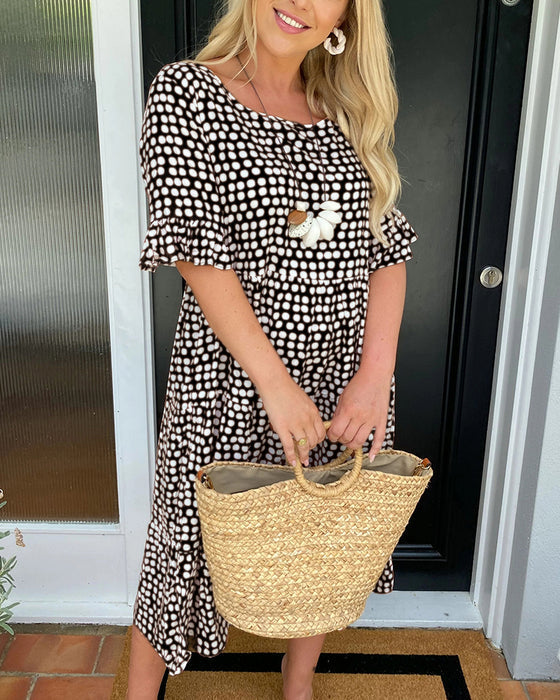 🎁💥Round Neck Polka Dot Print Midi Dress