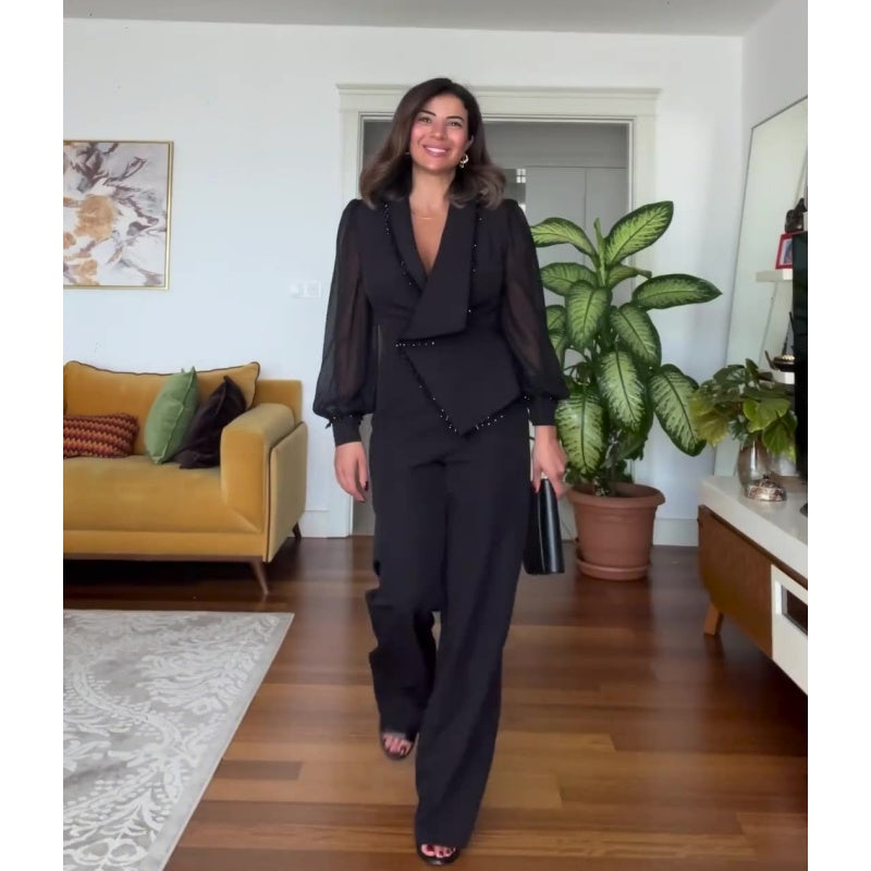 Elegant Black Beaded Wide-Leg Jumpsuit
