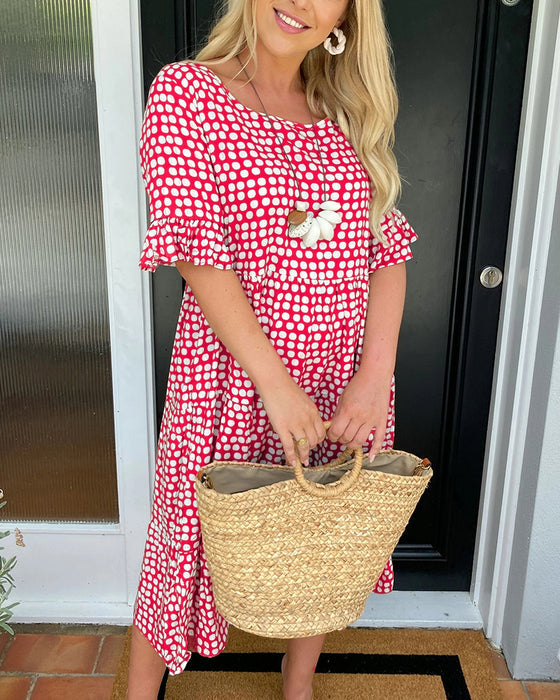 🎁💥Round Neck Polka Dot Print Midi Dress