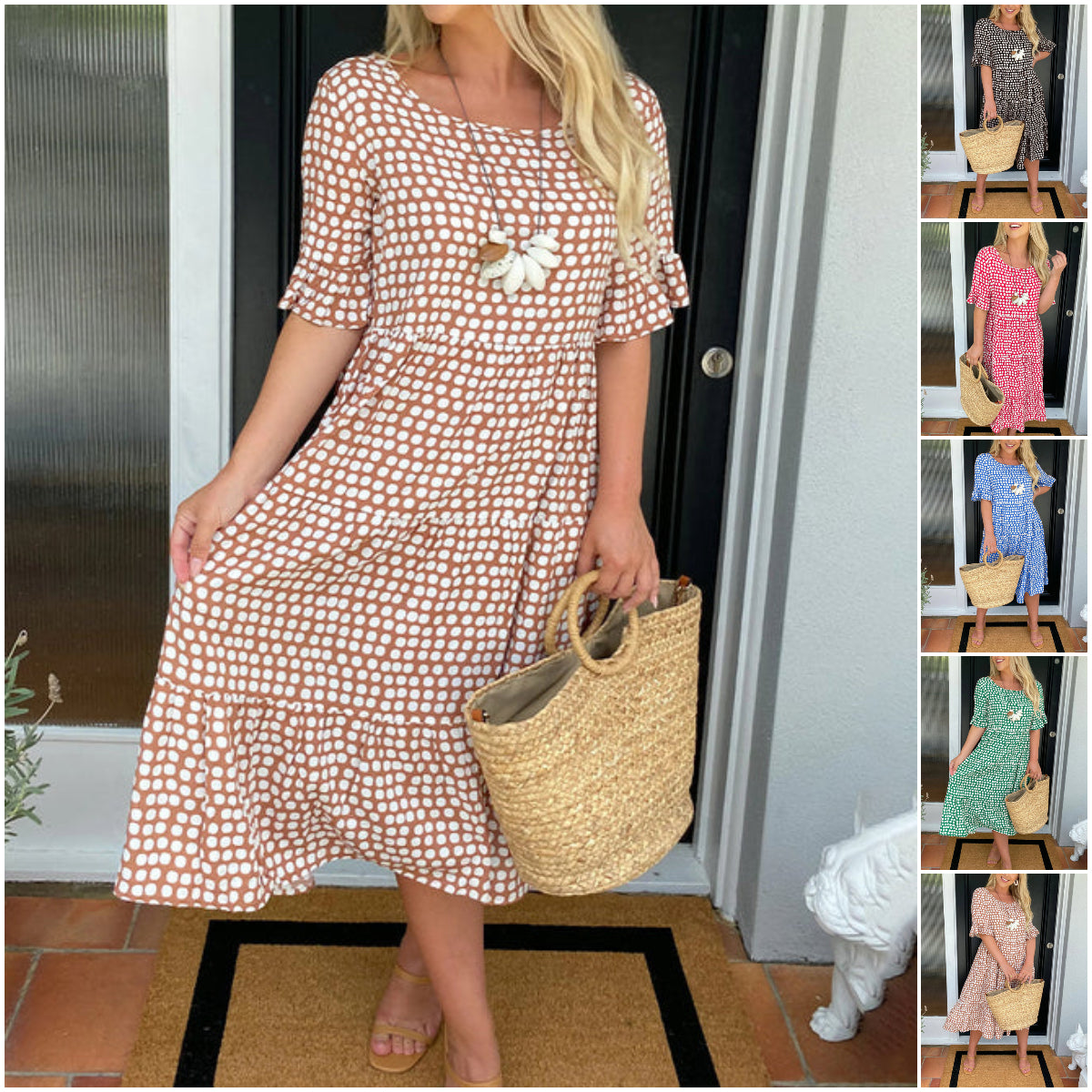 🎁💥Round Neck Polka Dot Print Midi Dress