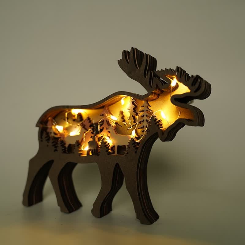 3D Animals Wooden Crafts with Light Deer Moose Home Decor for Wall and Tabletop