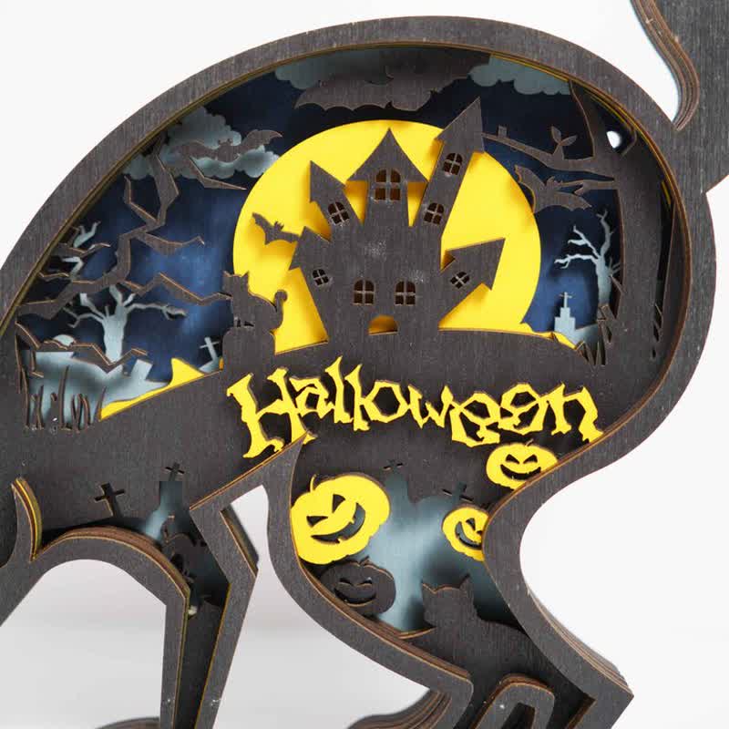 Animals Wooden Crafts Halloween Black Cat 3D Wall Statue Freestanding Art Decor