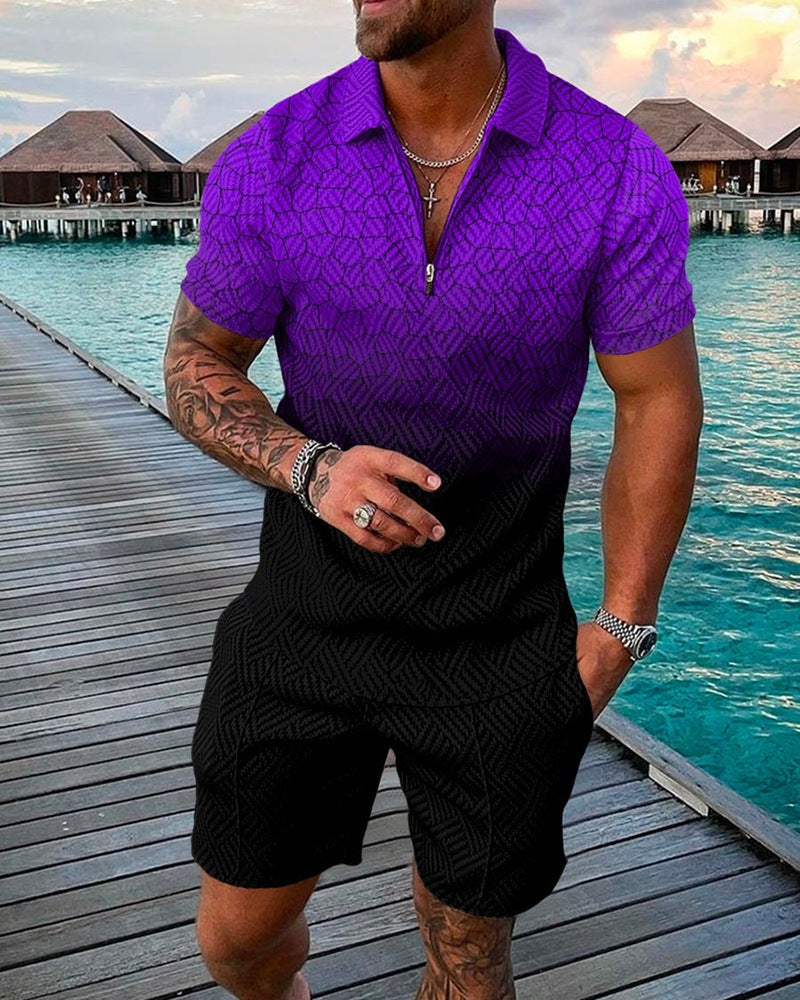2023 New Men's Fashion Casual Suit Zipper Short Sleeve Polo Shirt Shorts 2 Piece Set