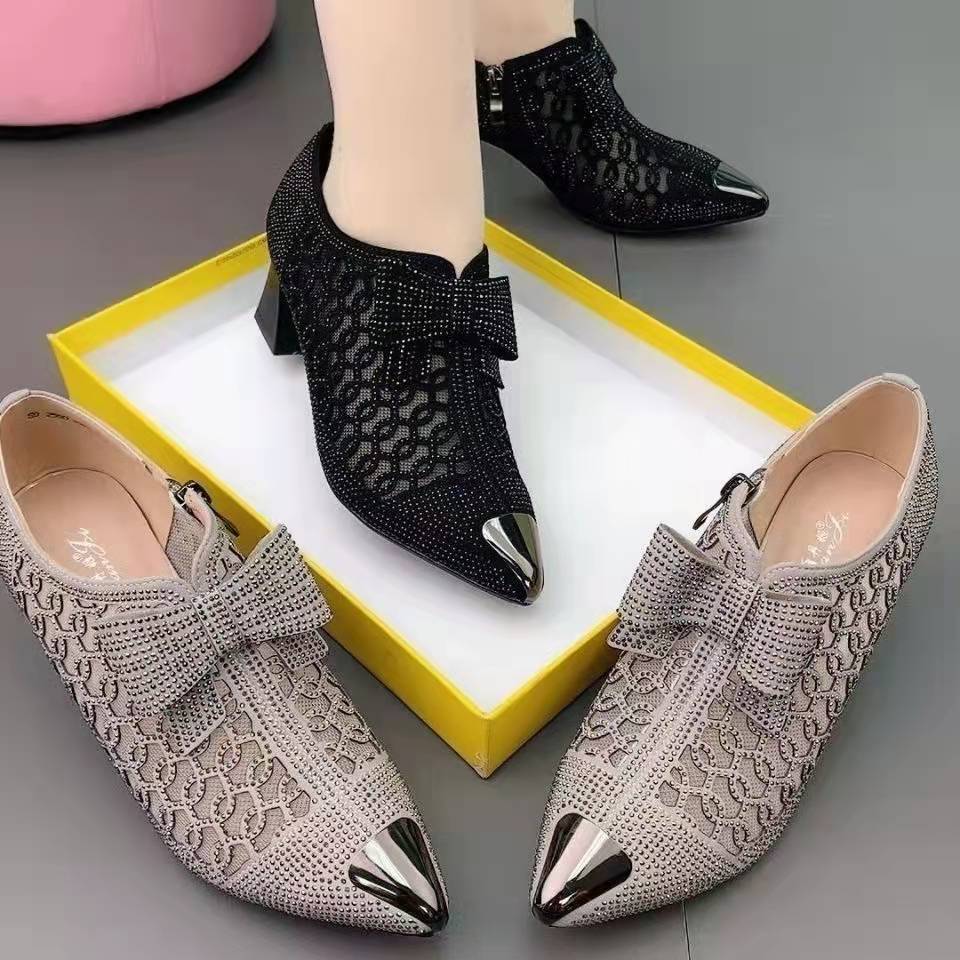 2024 summer new rhinestone chunky heel pointed toe sandals