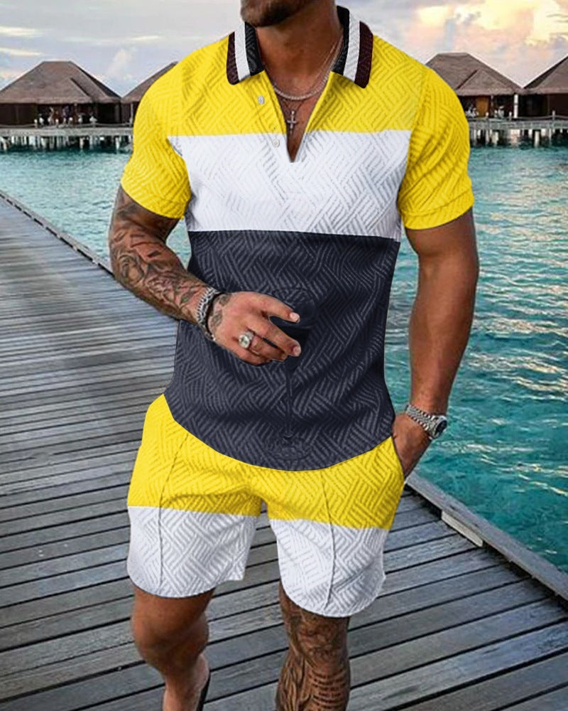 2023 New Men's Fashion Casual Suit Zipper Short Sleeve Polo Shirt Shorts 2 Piece Set