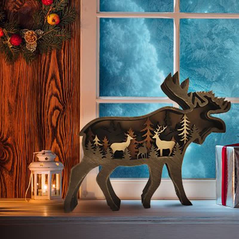 3D Animals Wooden Crafts with Light Deer Moose Home Decor for Wall and Tabletop