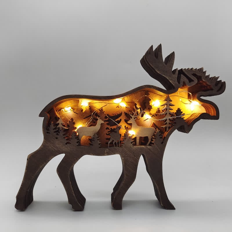 3D Animals Wooden Crafts with Light Deer Moose Home Decor for Wall and Tabletop