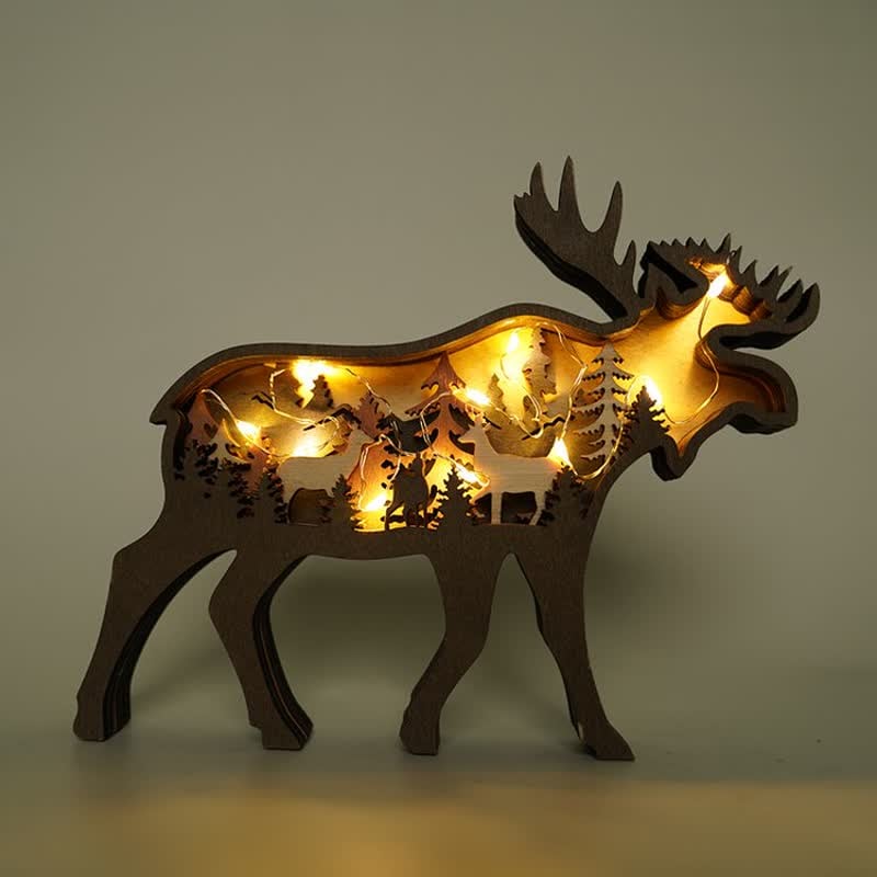 3D Animals Wooden Crafts with Light Deer Moose Home Decor for Wall and Tabletop