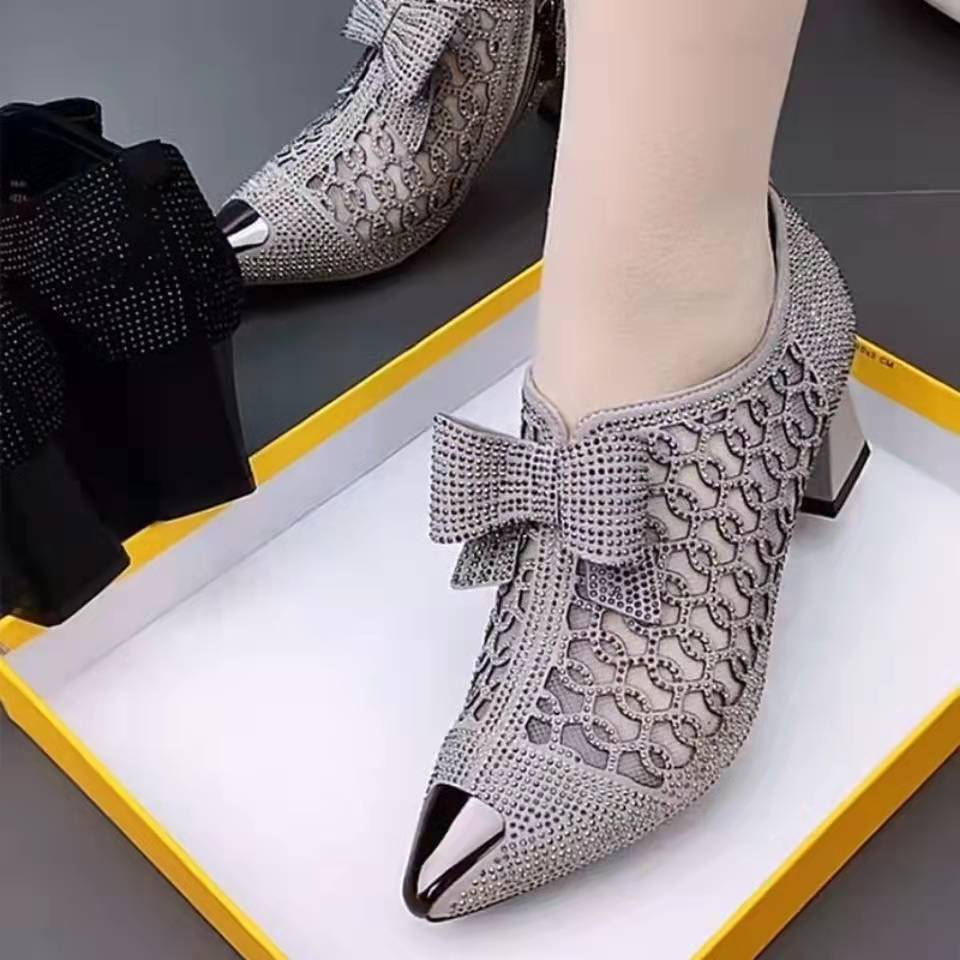 2024 summer new rhinestone chunky heel pointed toe sandals