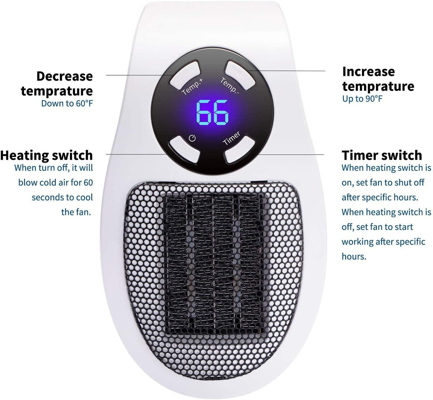 Portable Plug-in Wall Mounted Room Heater Home Mini Remote Heater 500W