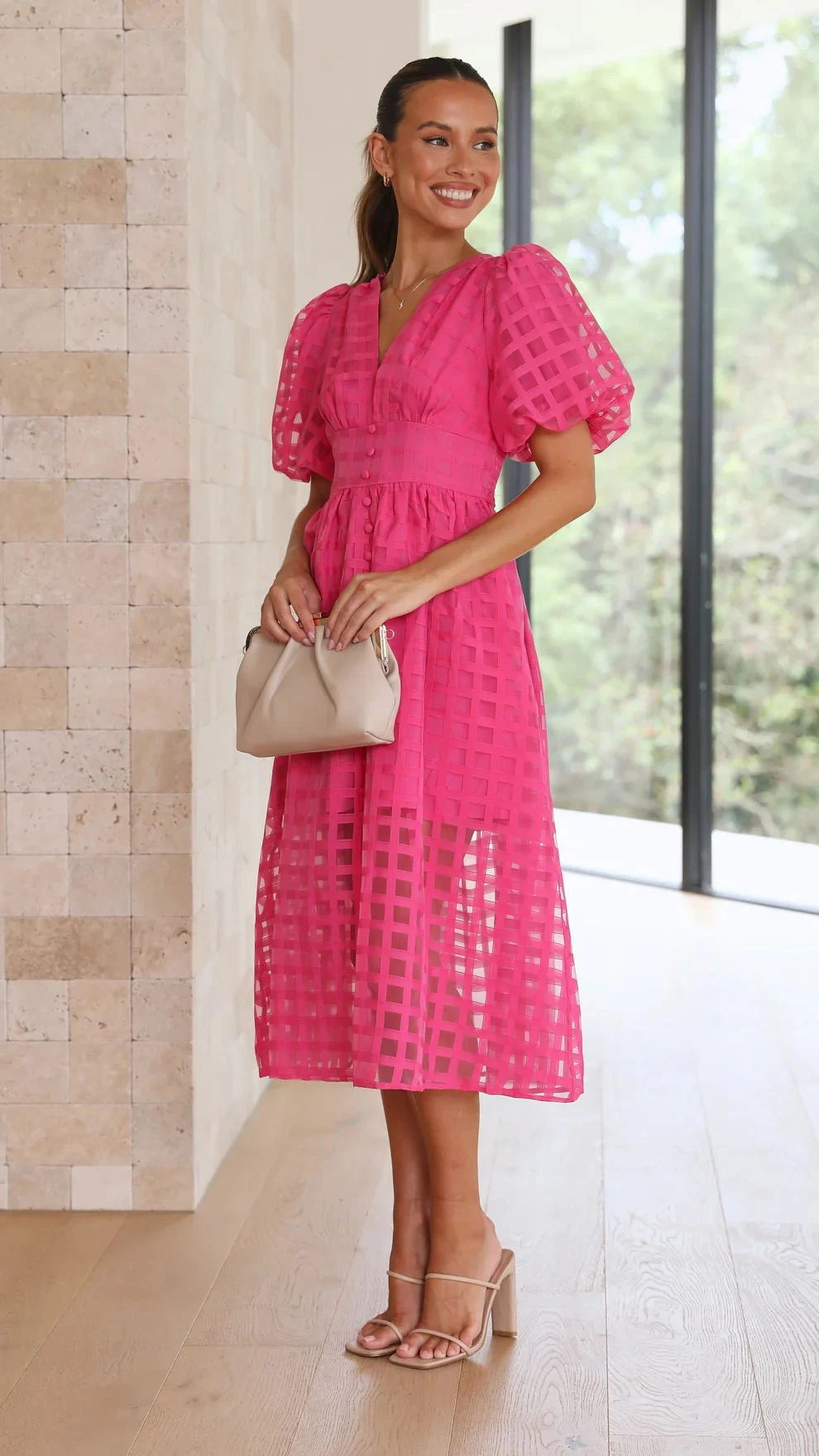 🔥 Square Patterned Fabric Puff Sleeve Midi Dress