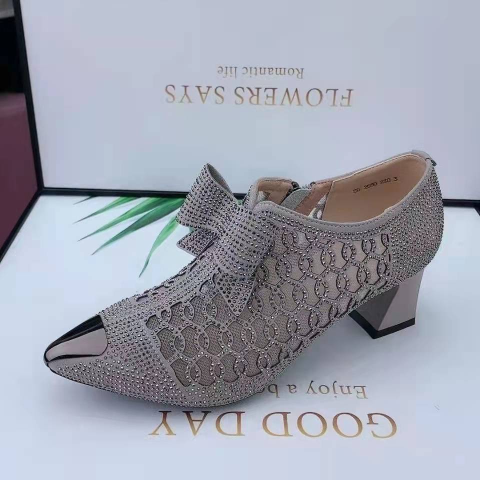 2024 summer new rhinestone chunky heel pointed toe sandals