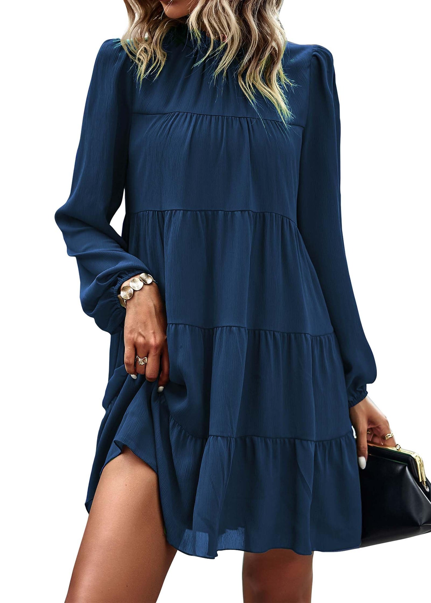 Womens Casual Long Sleeve Mock Neck Ruffle Tiered Babydoll Dress