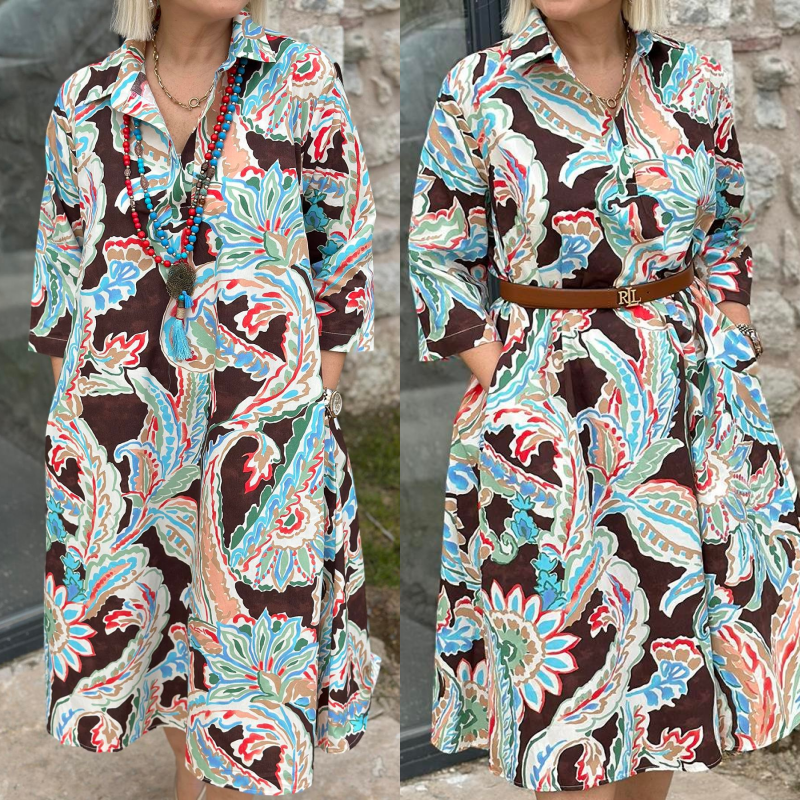 🌸Colourful dress with 3/4-length sleeves and vintage floral print and pockets