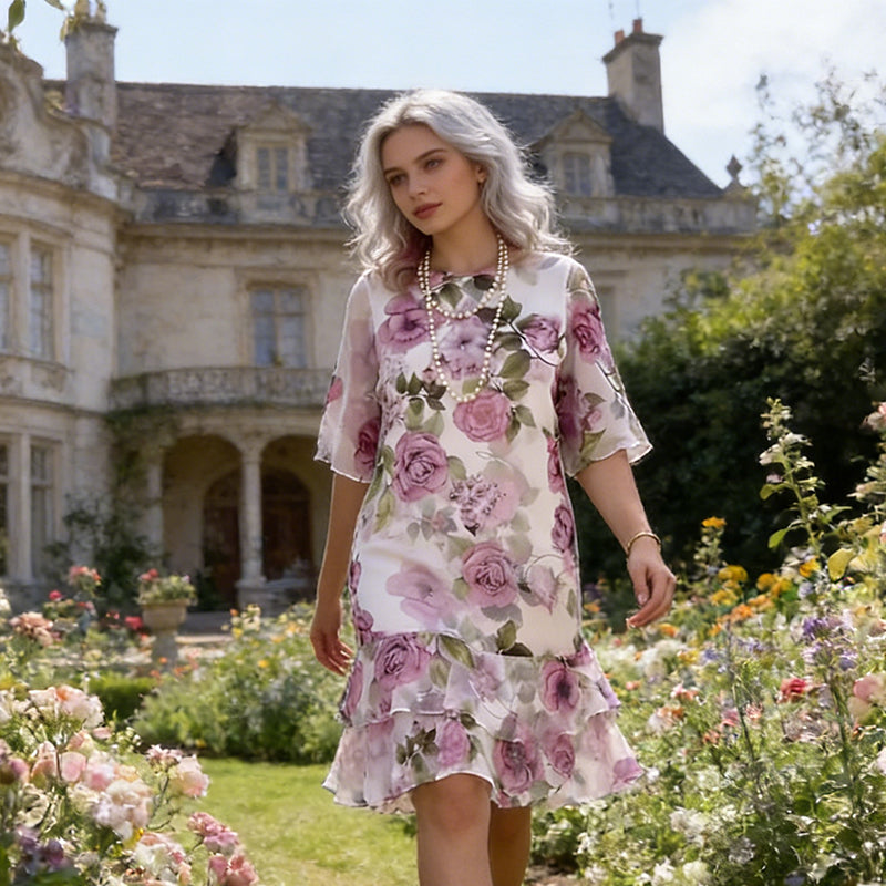 Women's Floral Print Half-Sleeve Tiered Ruffle Dress