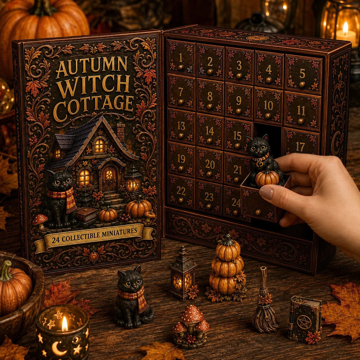 24 Cozy Witchy Miniatures, Black Cat Collectibles & Magical Fall Cottage Surprises, Acrylic Charms Blind Box