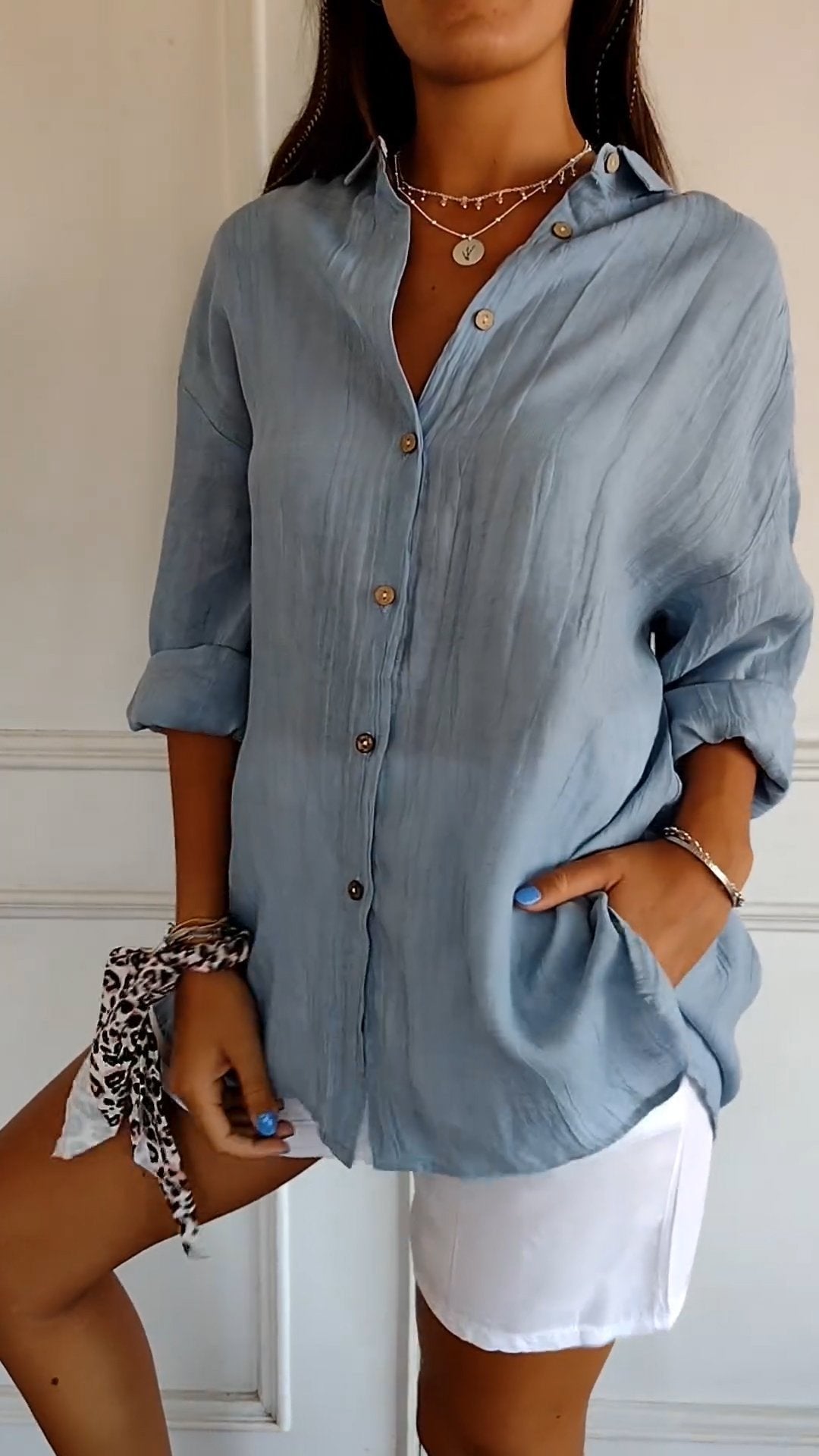 Women's Cotton and Linen Casual Single-Breasted Pleated Lapel Shirt