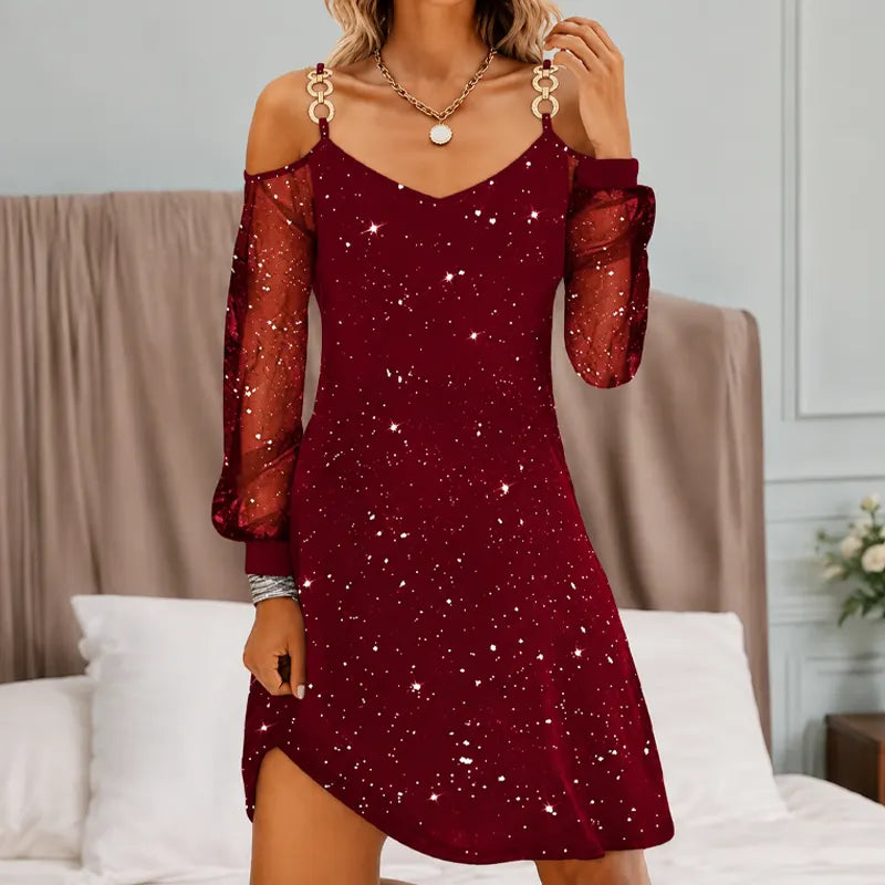 Women's Elegant Off-Shoulder Dress with Mesh Sleeves