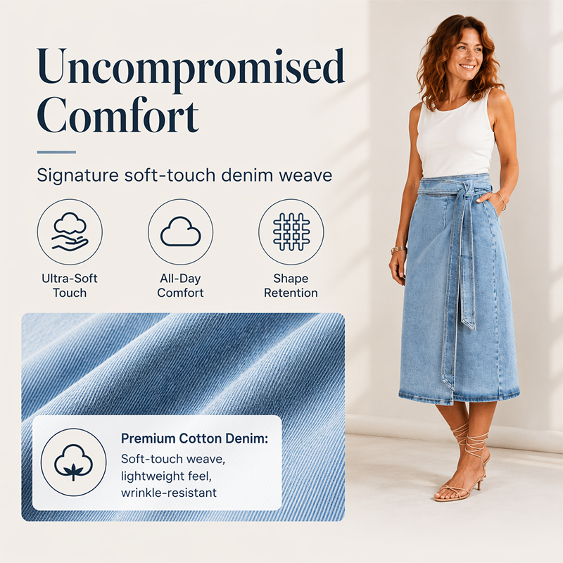 ✨Fresh Drop - Vintage Denim Wrap Skirt – Adjustable Side-Tie Closure & Versatile Midi Length for Day-to-Night